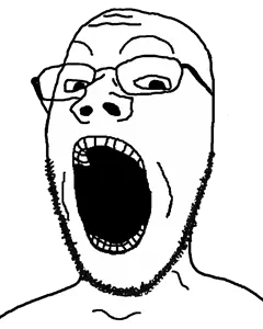 gapejak, gapejak slim, skinny soyjaks, 1soyjak, black eyes, glasses, looking at you, open mouth, raised eyebrows, stubble