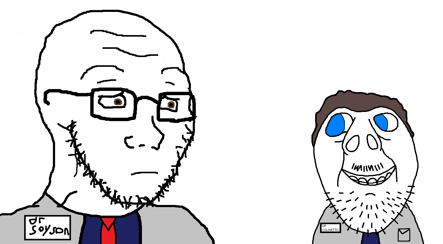 bernd, soyak, brunetto, soyak (concerned), 2soyjaks, blue eyes, blue shirt, brown eyes, brown hair, closed mouth