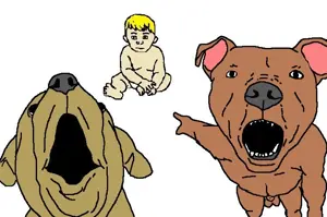 two pointing soyjaks, animal, baby, dog, dog ear, ear, open mouth, pet, pitbull, pointing