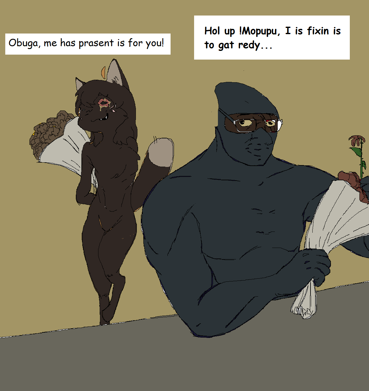 averi, chudjak, chudjak front, slopjak, warrior-z and averi, anthro, black skin, bouquet, brown, brown skin