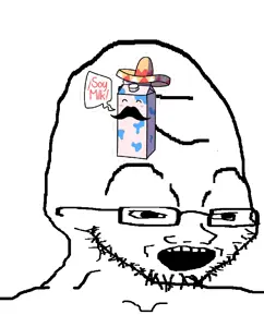 soyak, deformed, food, glasses, milk, open mouth, soy milk, soyjak, spanish text, stubble