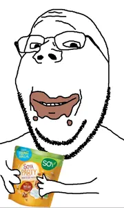 gapejak, wholesome soyjak, arm, eating, food, glasses, hands, holding object, smile, soy