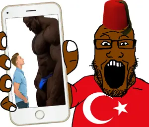 markiplier soyjak, phoneplier vertical, showing phone, apple (company), arm, brown skin, buff, clothes, fez, gay