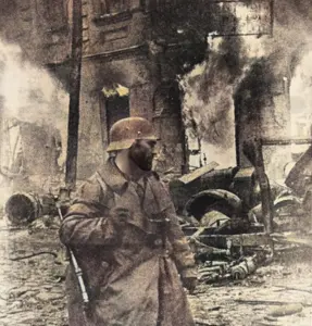 gigachad, city, clothes, fire, hat, helmet, monochrome, photo, soldier, weapon