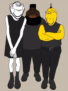 gapejak, impish soyak ears, meximutt, meximutt front3, wholesome soyjak, asian, beard, belt, big ears, big lips