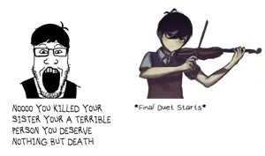 markiplier soyjak, glasses, hair, soyjak, stubble, sunny (omori), text, video game, violin, omori