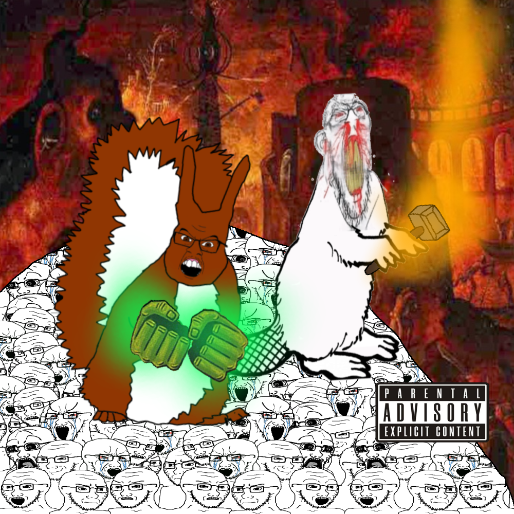 feraljak, feralbeaver, feralsquirrel, squirreljak, 2soyjaks, album cover, animal, bloodshot eyes, brown skin, cover