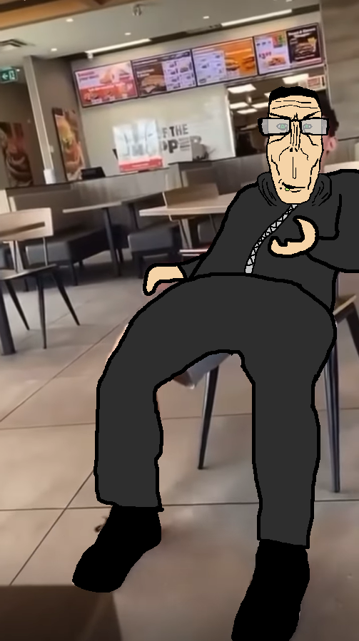 markiplier soyjak, euromutt, euromutt, black hood, black jacket, black pants, black shoes, burger king, front view, full body