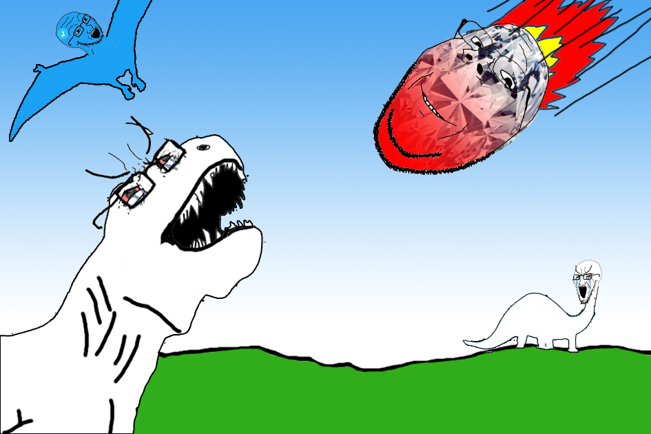 gapejak, soyak, wholesome soyjak, 4soyjaks, animal, asteroid, bloodshot eyes, crying, dinosaur, drawn background