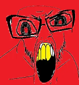 feraljak, distorted, glasses, mustache, open mouth, red background, soyjak, stubble, yellow teeth, zoomed
