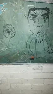 chudjak, board, button, chalkboard, closed mouth, clothes, crying, glasses, hair, picture