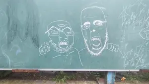 cobson, feraljak, no more brother wars, board, chalkboard, glasses, hug, open mouth, picture, real life