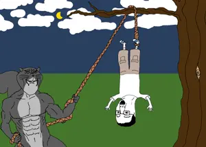 chudjak, impish soyak ears, ominous impish squirrel, squirreljak, animal, belt, buff, drawn background, full body, glasses