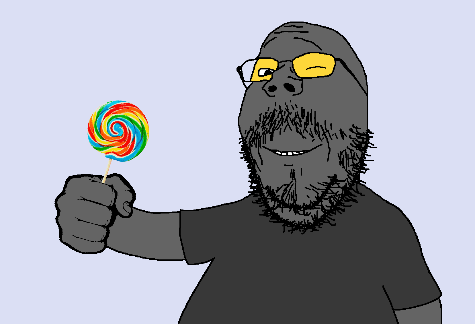 gapejak, mustached gapejak, arm, candy, closed mouth, clothes, fist, food, glasses, gray skin