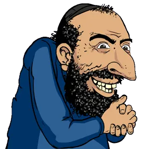 happy merchant, animated, arm, beard, big nose, blue shirt, brown skin, clothes, colors, evil
