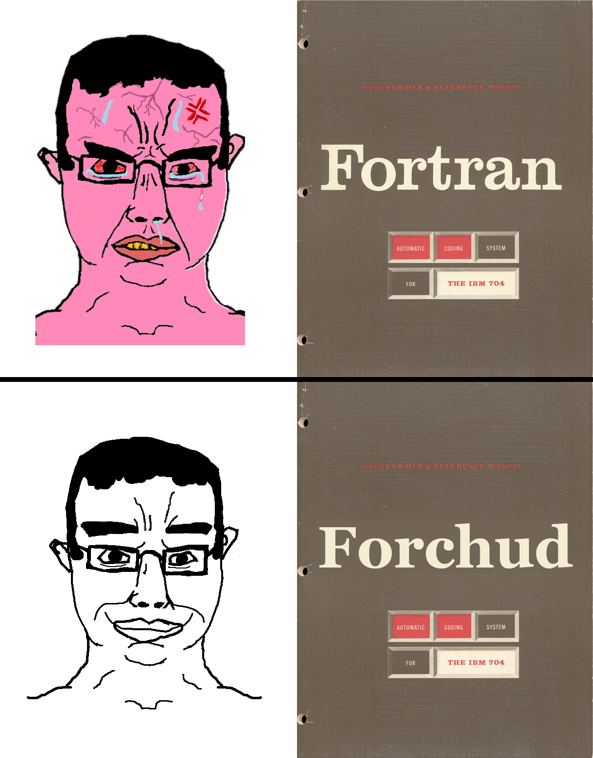 chudjak, chudjak front, anger mark, angry, bloodshot eyes, closed mouth, crying, ear, fortran, glasses