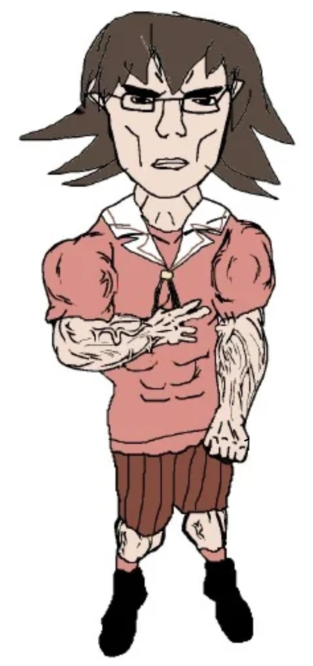 chudjak, chudjak front, unbotheredchud, 1soyjak, anime, anime girl, arm, black shoes, brown hair, buff