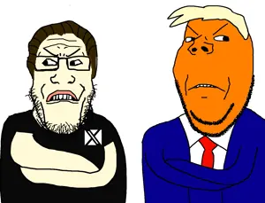 donald trump, gapejak, markiplier soyjak, are you soying what im soying, 2soyjaks, angry, arm, beard, black shirt, blonde hair