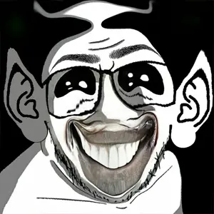 feraljak, distorted, ear, glasses, looking at you, shading, smile, soyjak, stubble, uncolored skin