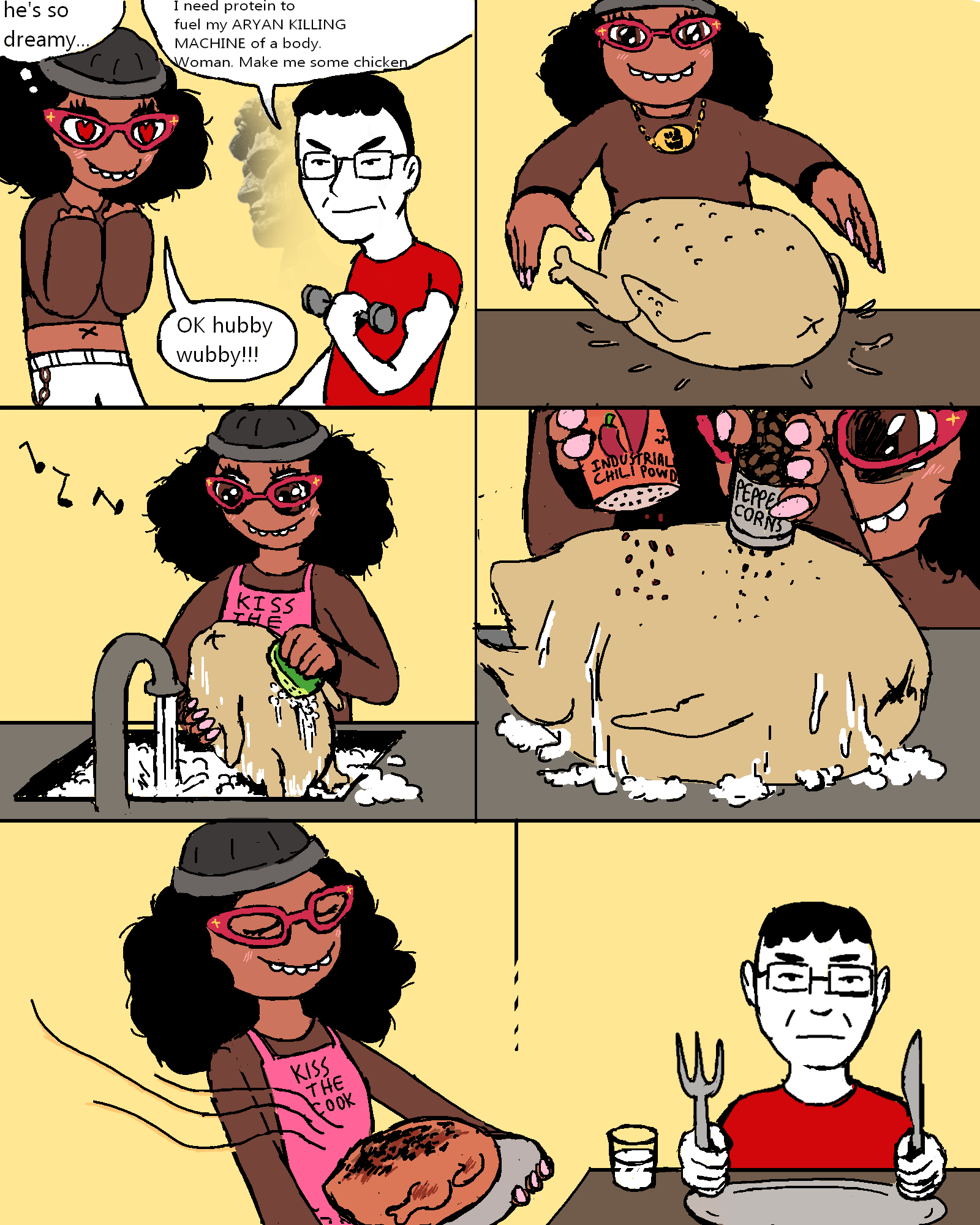 soyniqua, soytan, chudjak, aryan, a10 eyes, apron, belly, belly button, black hair, brown shirt