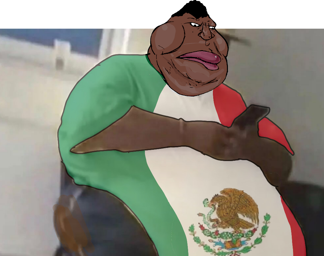 meximutt, 1soyjak, almost full body, big lips, black eyes, black hair, black person, dark brown skin, fat, hair