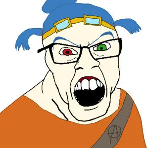feraljak, belt, blue hair, glasses, goggles, heterochromia, open mouth, orange shirt, soyjak, trope-tan
