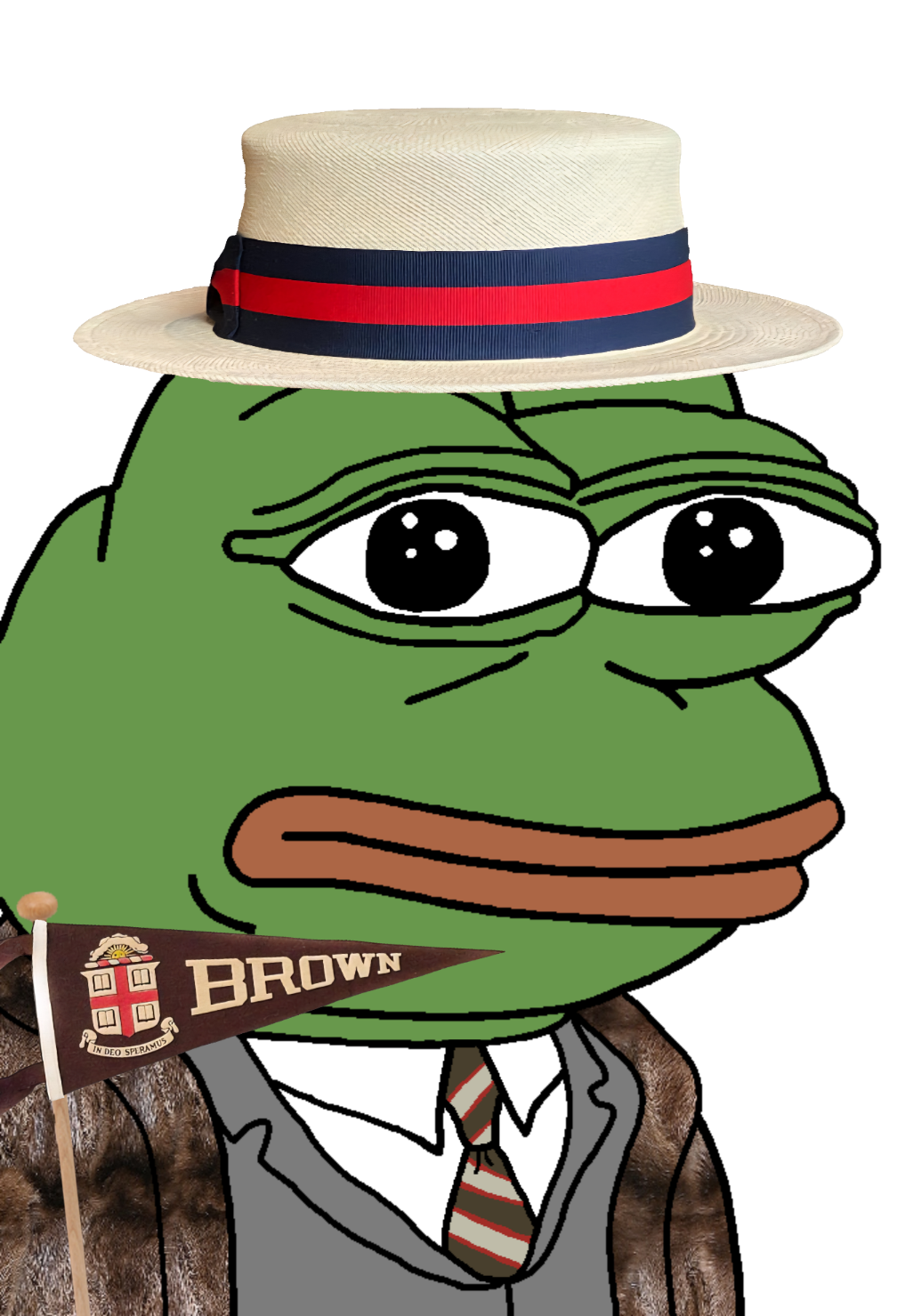 pepe, pepe hat, amphibian, animal, boater hat, brown university, closed mouth, clothes, coat, coat of arms