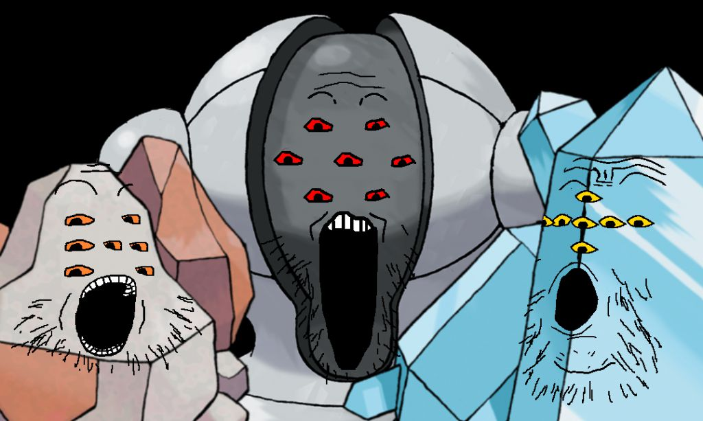 gapejak, markiplier soyjak, tony soprano soyjak, soyjak trio, 3soyjaks, bloodshot eyes, hoenn, multiple eyes, open mouth, orange eyes