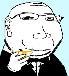 gapejak, massjak, wholesome soyjak, blue background, bowtie, fancy, hands, holding object, toast, tuxedo