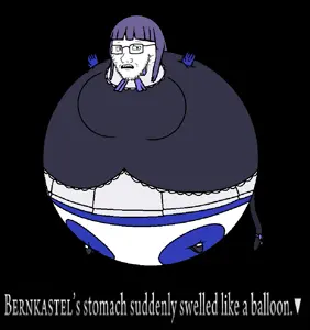 bernkastel, soyak, soyak (concerned), anime, blueberry inflation, full body, glasses, hands, inflation fetish, leg