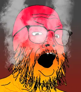 buckteeth soyjak, angry, buck teeth, glasses, open mouth, red skin, soyjak, steam, stubble, vein