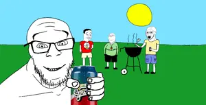 chudjak, feraljak, gapejak, soyak, wholesome soyjak, 4soyjaks, bbq, closed mouth, clothes, drawn background