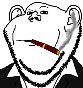 impish soyak ears, soyjak mafia, beard, cigar, clothes, collared shirt, eyebrow raise, mouth, smoke, stubble