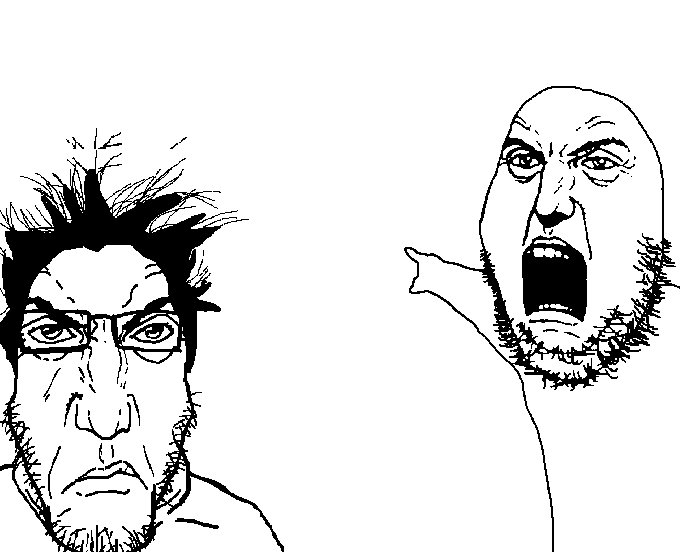 gapejak, markiplier soyjak, two pointing soyjaks, markiplier and gapejak pointing, punisher face, fusionjaks, 2soyjaks, angry, arm, closed mouth