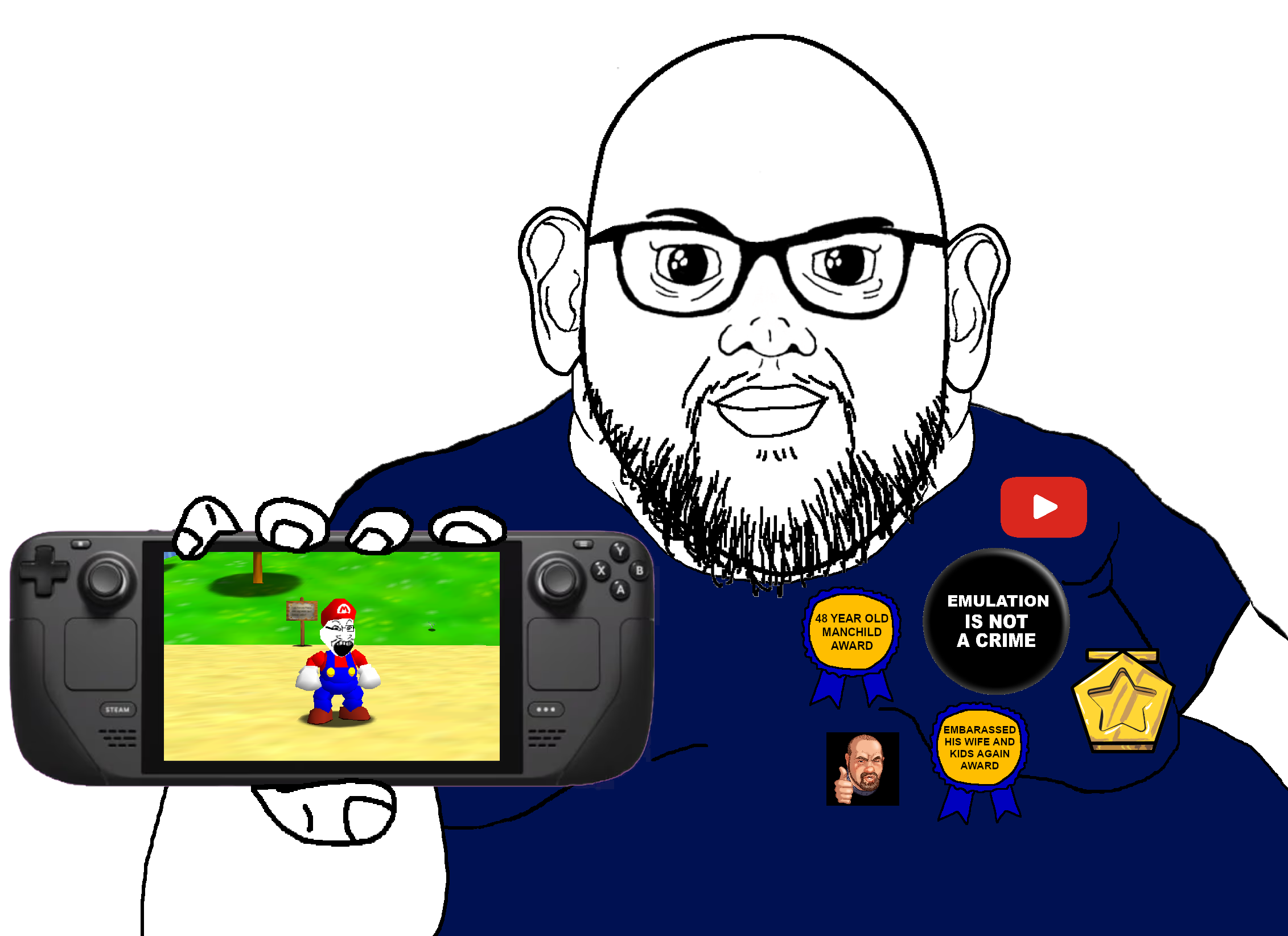 mario, billy, brandon, markiplier soyjak, branigger, award, bald, beard, button, closed mouth
