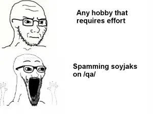 excited soyjak, soyak, wewjak, thing japanese, /qa/ (4chan), 4chan, angry, anti soyjak, arm, closed mouth