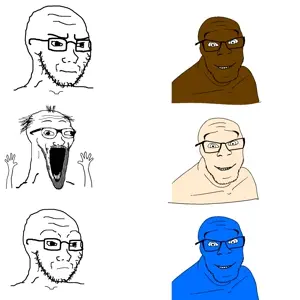 feraljak, soyak, aryan, a10 eyes, blue skin, brown skin, excited soyjak, meme, nigger, open mouth