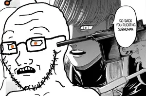 soyak, soyak (concerned), anime, antenna, glasses, gun, orange eyes, reddit, scared, soyjak