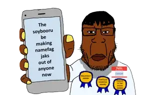 chudjak, markiplier soyjak, chudplier, award, black eyes, brown, dark hair, holding object, holding phone, name tag
