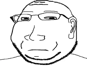gapejak, massjak, wholesome soyjak, closed mouth, ear, eyebrows, forehead lines, glasses, looking at you, monochrome