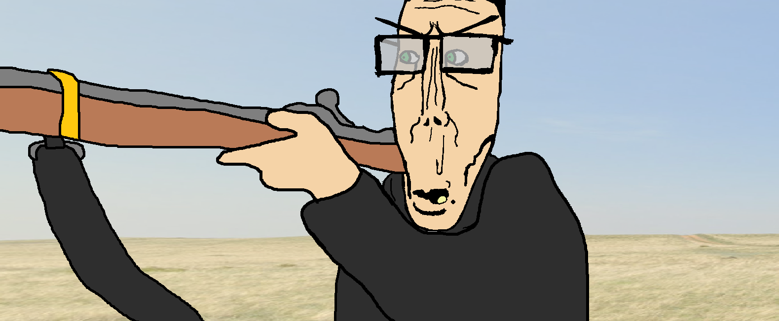 markiplier soyjak, euromutt, euromutt, arm, black hood, black jacket, glasses, green eyes, gun, hair