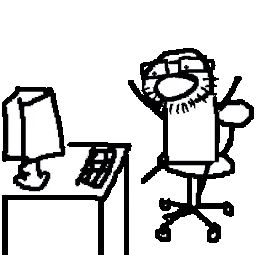 unknown, animated, beard, chair, computer, desk, excited, glasses, keyboard, open mouth