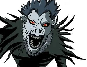 angry soyjak, anime, blue hair, clothes, ear, earring, gray skin, hair, red eyes, ryuk
