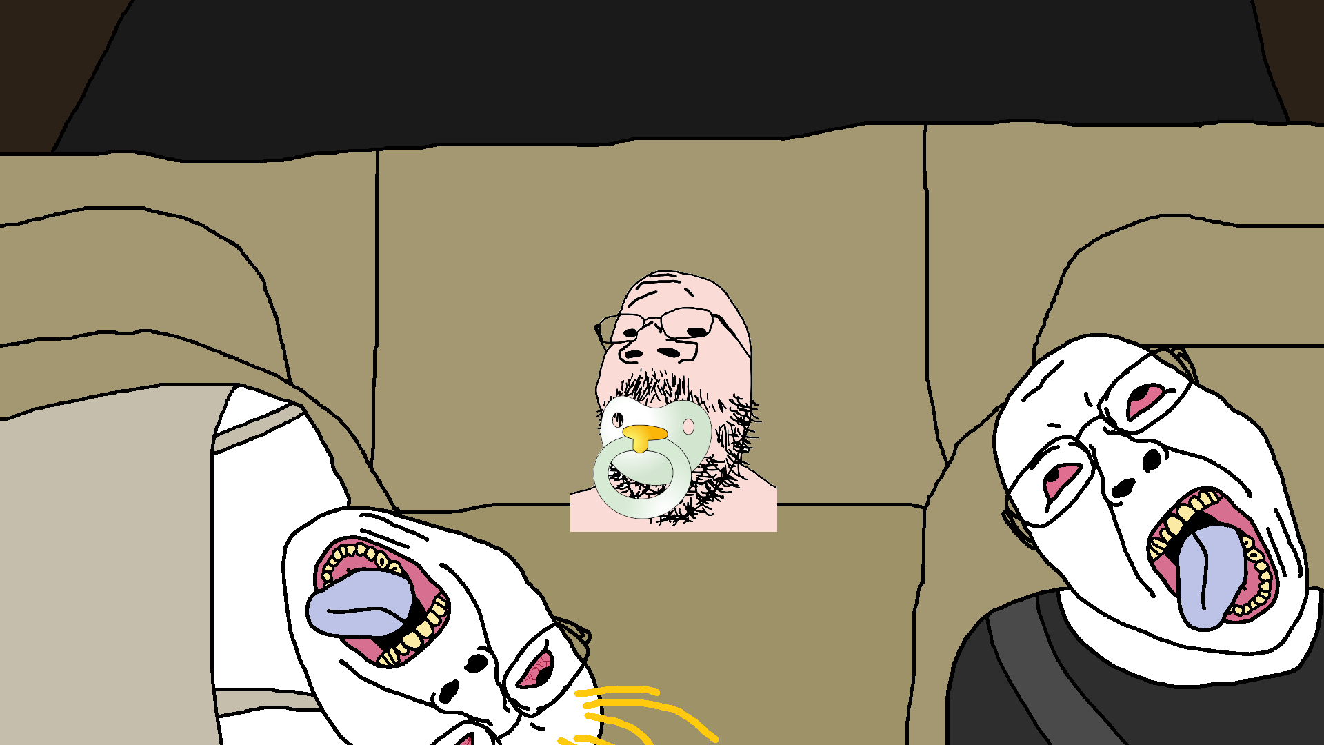 bernd, gapejak, babyjak, wholesome soyjak, babyjak, baby, black shirt, bloodshot eyes, bra, car