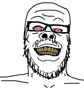 a24 slowburn soyjak, bloodshot eyes, drool, grin, happy, insane, rotten teeth, small eyes, smile, spit