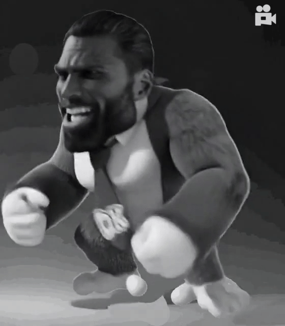 donkey kong, gigachad, animated, ape, black eyes, buff, dance, dk, front view, full body