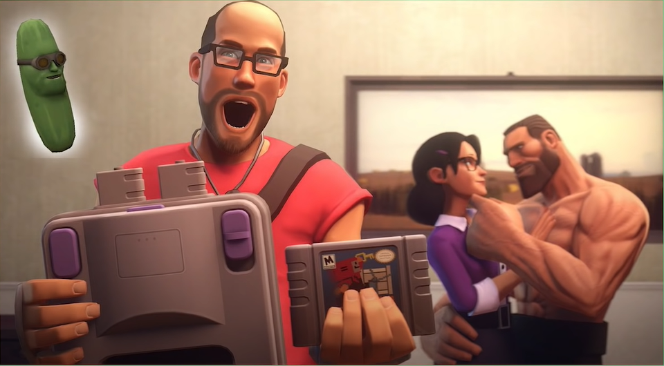 engineer (team fortress 2), gigachad, scout (team fortress 2), soldier (team fortress 2), unknown, balding, cartridge, clothes, female, glasses