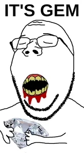 gapejak, wholesome soyjak, its over, blood, cracked teeth, gem, holding gem, holding object, soyjak, stubble
