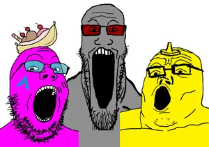 gapejak, markiplier soyjak, tony soprano soyjak, soyjak trio, 3soyjaks, admin, arch linux, banana, banana split ice cream, blue glasses