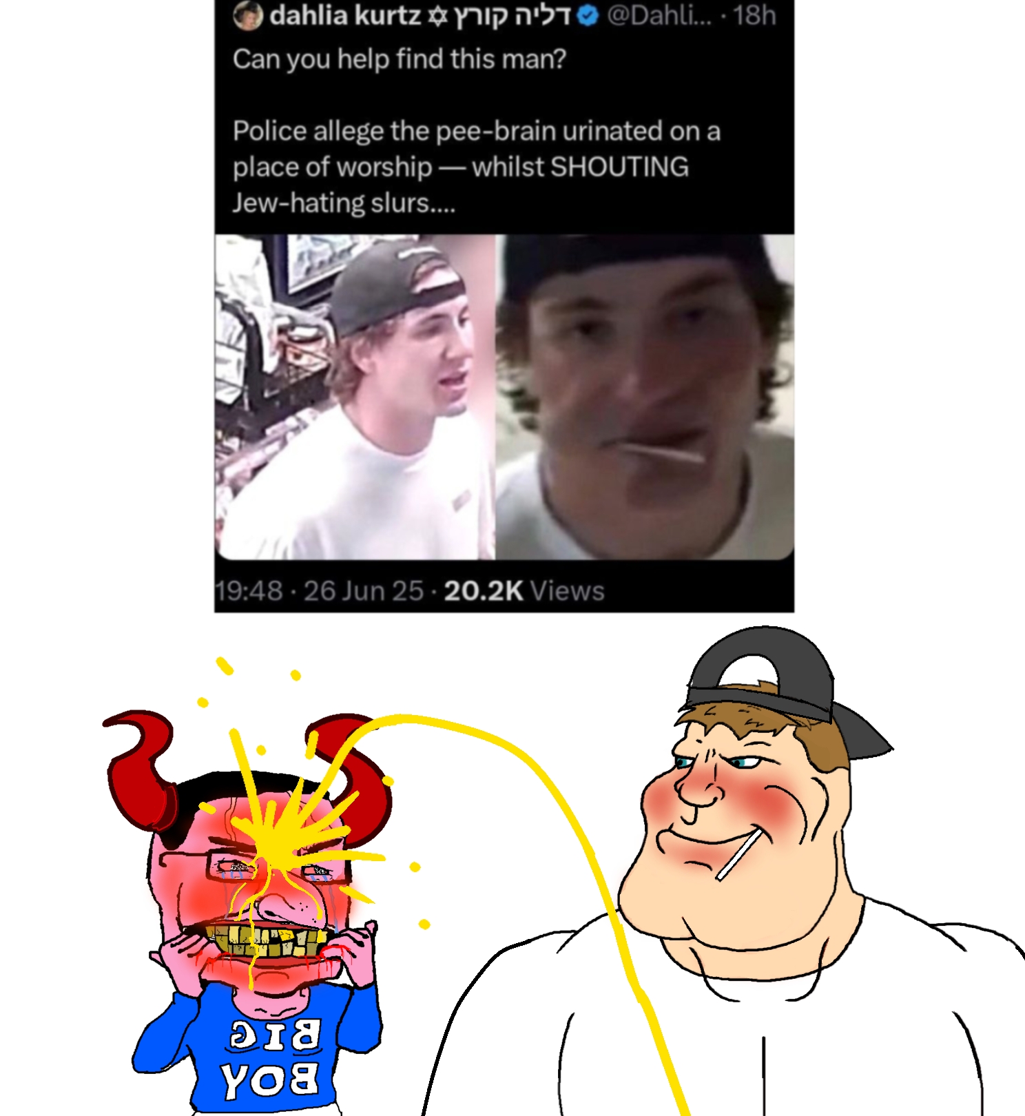chudjak, meximutt, big-boy, mexiaryan, angry, antisemitism, baseball cap, blood, bloodshot eyes, blue eyes